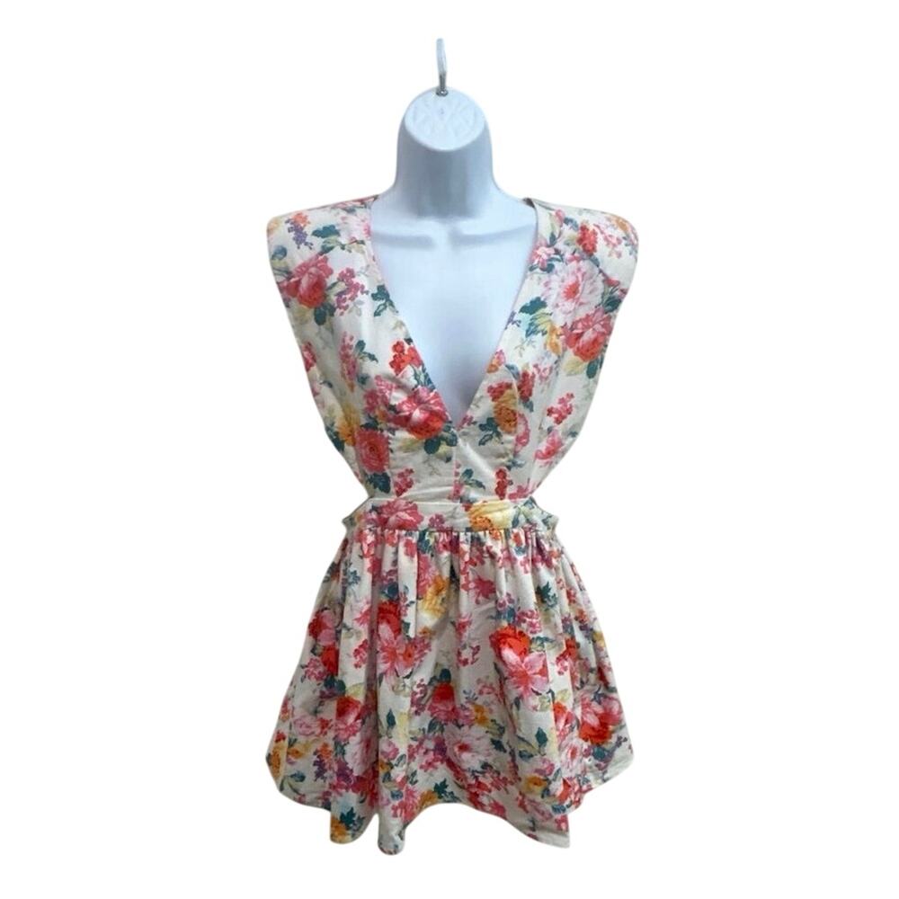 Vtg 80’s Style Mustard Seed Multi Color floral print mini dress side cutouts, L